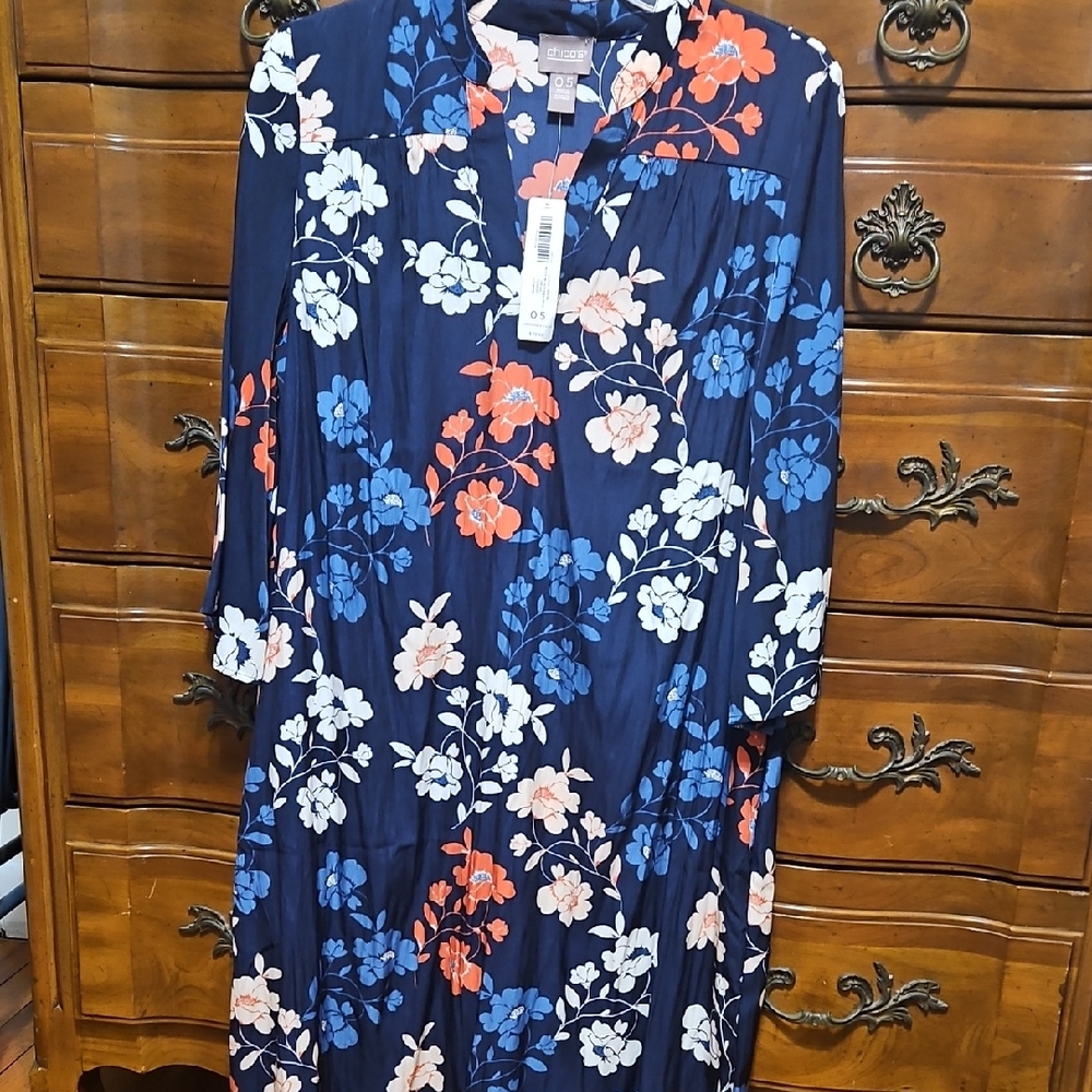 NWT Chico's Navy Dress with Floral Accents Womens Size 6